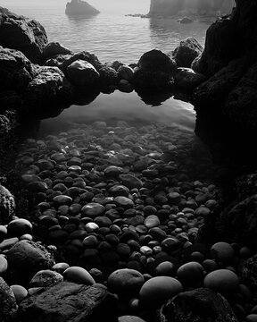 Clear tidepool with smooth pebbles on a rocky coast in black and white