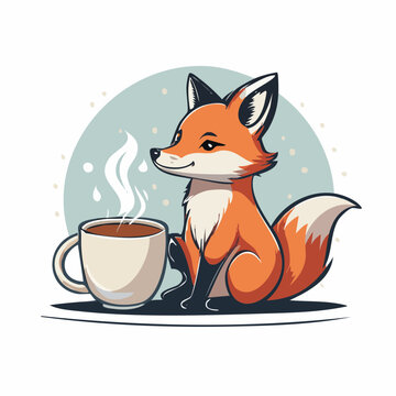 Cute cartoon fox enjoying a hot cup of coffee