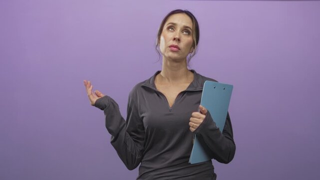 Woman holding blue clipboard with hand to chest and shrug gesture in studio; exasperation coaching instruction.
