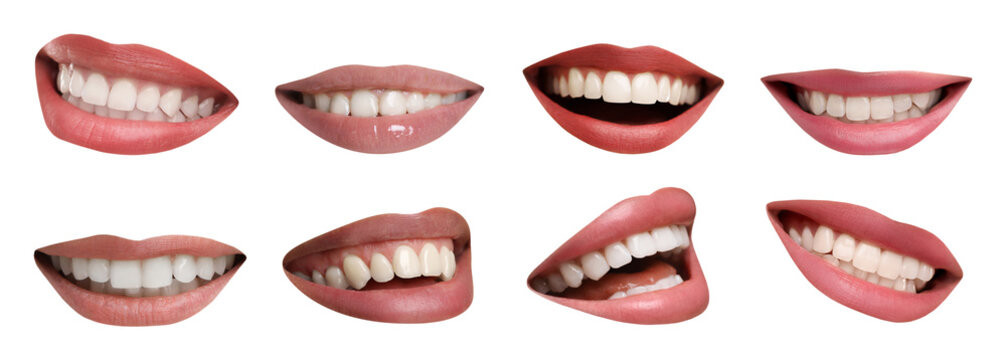 Dental care. Women with healthy teeth, collage of smiles on white background