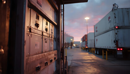 Naklejka premium Dawn setting shows main armored truck door open focused on securely locked cash containers while surrounding dock and personnel fade into soft blur.