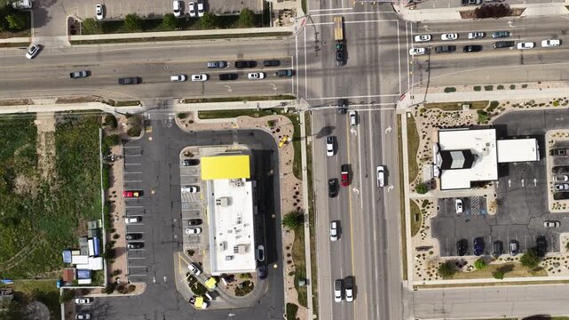 Top down aerial of intersection in Heber City Utah on sunny day