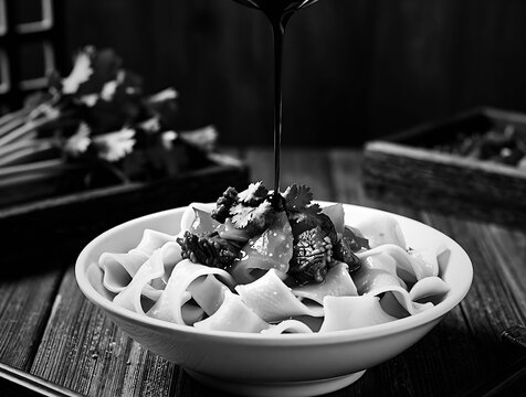 Authentic Shanxi Daoxiao Mian with dark sauce poured over noodles