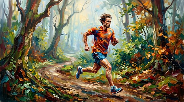 Impressionist painting of a man running through autumn forest.