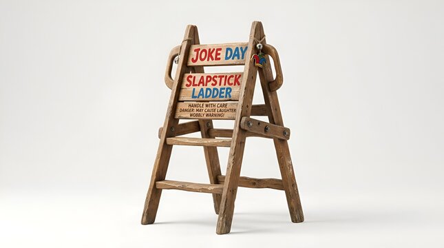 Joke Day sign on a vintage wooden ladder.