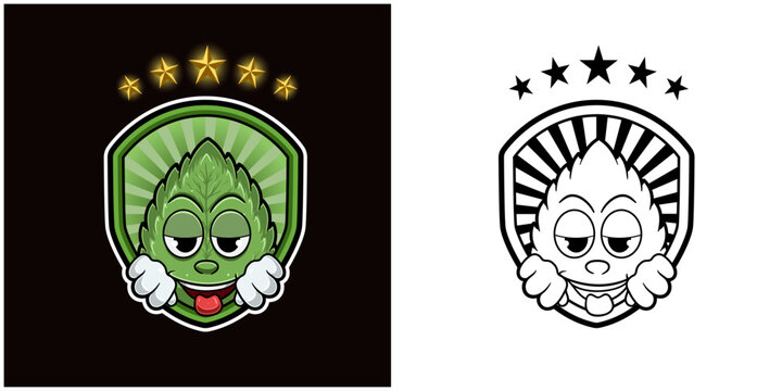 Mint Leaf Character Cartoon with High and Smiling. Badge and Stars Light.