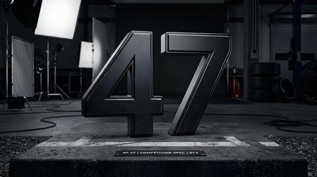 Large industrial black number 47 in photography studio.