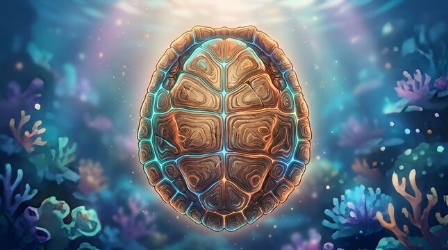Luminous ornate turtle shell resting on colorful coral reef.