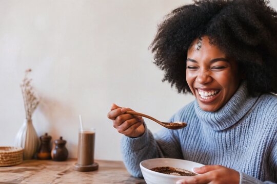 Joyful Korean and White friends share warm Patjuk, a traditional red bean porridge, captured in a candid dining moment with exaggerated expressions.
