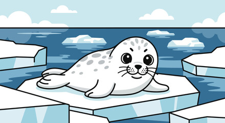 Cute cartoon seal pup resting on ice floe in arctic ocean, playful animal illustration © eko