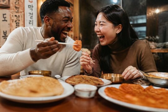 Candid Close-up of Diverse Friends Enjoying Delicious Korean Pan-fried Pancakes (Jeon) with Exaggerated Joy.