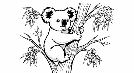 Cute Koala Climbing Eucalyptus Tree, Black and White Drawing © eko