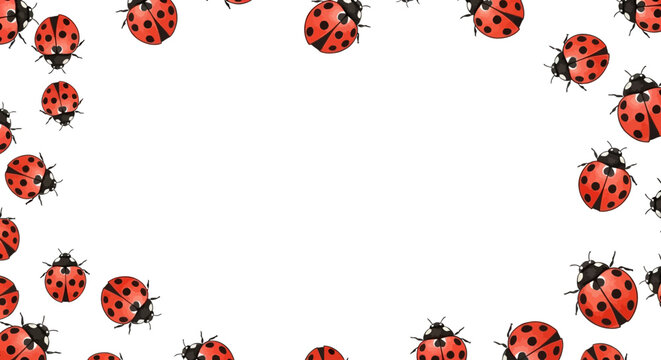 Cute Ladybugs Border on White Background, Watercolor Illustration