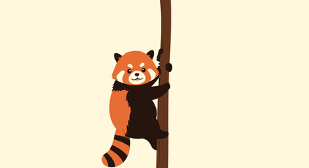 Cute Red Panda Climbing Tree Trunk, Adorable Animal Illustration © eko
