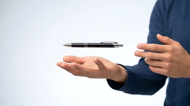 Man levitating black pen between his hands