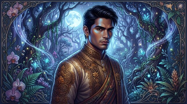 Man in ornate gold armor in fantasy night forest.