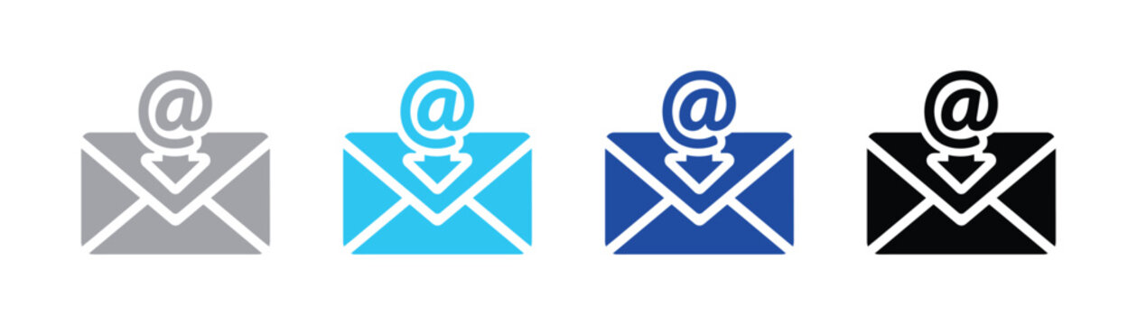 Blue email icon with at symbol and down arrow inside envelope communication internet outgoing notification correspondence electronic information connection customer business