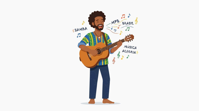 Man playing acoustic guitar singing samba music with notes and words like Brasil MPB Musica Alegria
