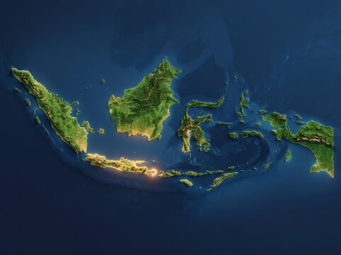 Detailed 3D Indonesia Archipelago Map: Islands, Shadows, and Highlights