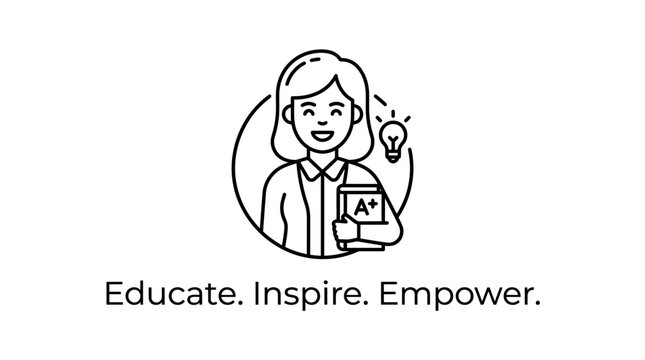 Icon of a female teacher holding an A plus grade book with a lightbulb idea symbol.