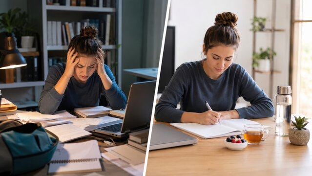 Overwhelmed student versus balanced study routine with a calm workspace
