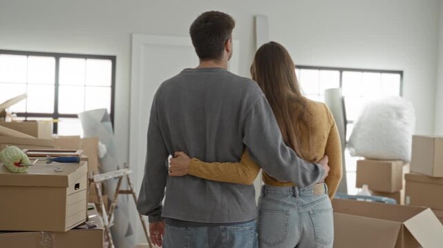 Young couple hugging with arm around waist, woman points finger to window amid moving boxes in apartment; new home hope.
