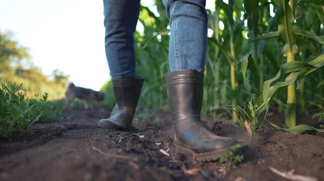 Farmer walks in rubber boots through corn field on dirt path. Agricultural worker steps between tall maize rows. Boots tread soil as farm dog follows. Worker walks in cornfield with pet nearby.