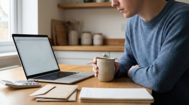Man working on laptop with coffee at wooden table in bright home office