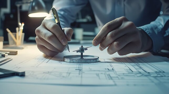 engineer hands using a metal compass over a technical blueprint printed on tracing paper on an illuminated drafting table