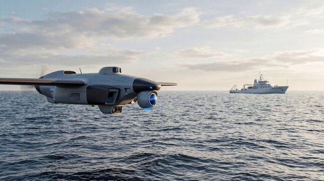Autonomous drone inspecting offshore vessel from open water