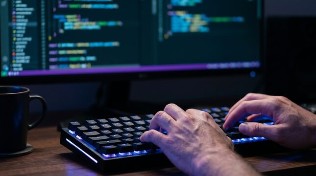 Close-up of male hands typing on a backlit mechanical keyboard with blue-violet lighting, keyboard isolated in lower composition with generous negative space above filled by a blurred monitor display