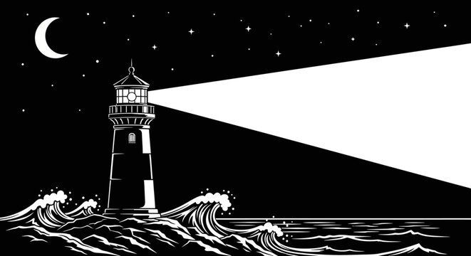 Lighthouse beam at night, guiding ships through stormy seas under a crescent moon.