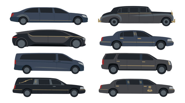 Collection of luxury and special purpose vehicles including limousines hearses and SUVs