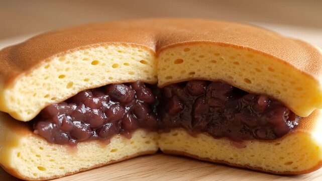 Delicious Japanese Dorayaki Pancake with Sweet Red Bean Paste Filling.