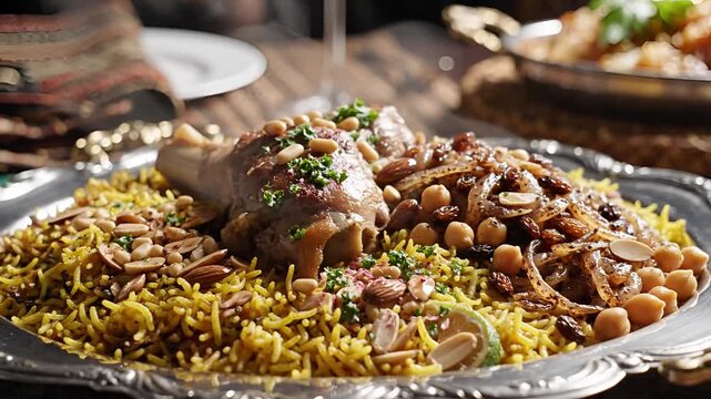 Delicious Middle Eastern Lamb and Rice Dish Served on a Platter.