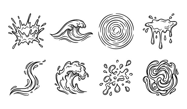 Hand drawn water splash outline vector set with liquid movement and aqua wave illustrations
