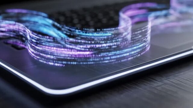 Glowing data stream over tablet screen on dark desk, futuristic digital network and binary code, cyber security and cloud computing concept for innovation
