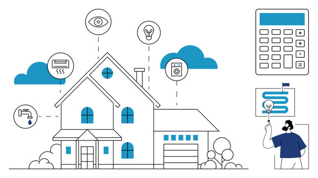 Smart homes, IoT solutions, automation, energy efficiency, home security, technology management, remote control. A connected home with smart devices and automation icons. Smart homes and IoT