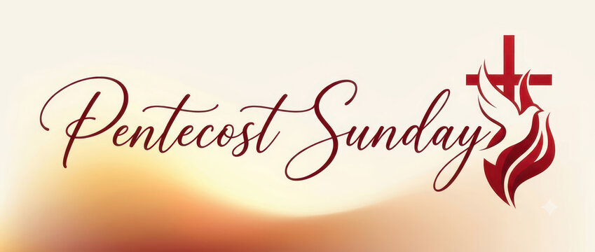 Pentecost sunday lettering with red dove flame near cross, holy spirit celebration, christian church worship prayer service, whitsun whit sunday blessing, faith spirituality bible devotion