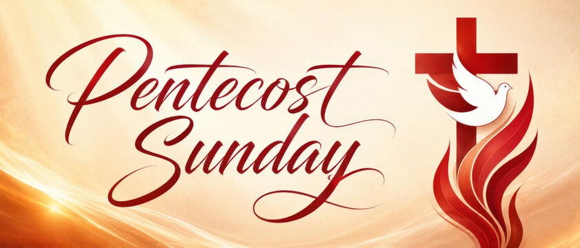 Pentecost Sunday cross dove church service banner glowing over red flame background
