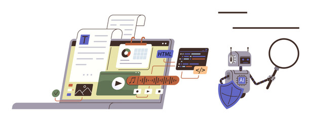 Naklejka premium Web development, AI integration, cybersecurity, multimedia content, programming, digital innovation. A laptop with web elements, a robot with a shield and a magnifying glass. Web development and AI