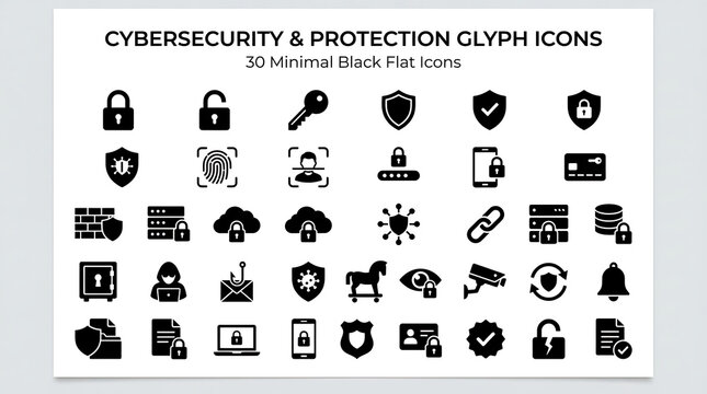 Cybersecurity symbols provide a comprehensive library of black flat graphics for advanced digital identity and network defense tools.