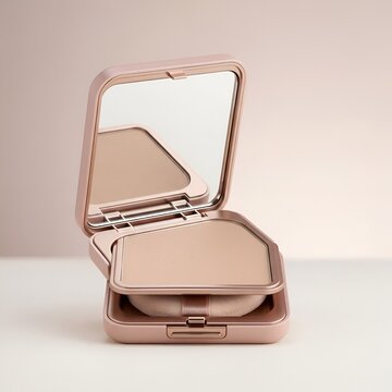 Open makeup powder compact with mirror on beige background.