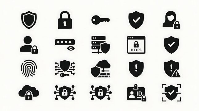 Cybersecurity icons present a structured array of black digital protection symbols, including biometric authentication, encrypted data, and safety shields for modern network infrastructure.
