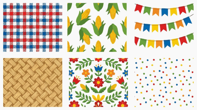 A collection of six vibrant and festive patterned backgrounds, perfect for celebrating various events and holidays. The collection includes a red and blue gingham check, corn pattern.