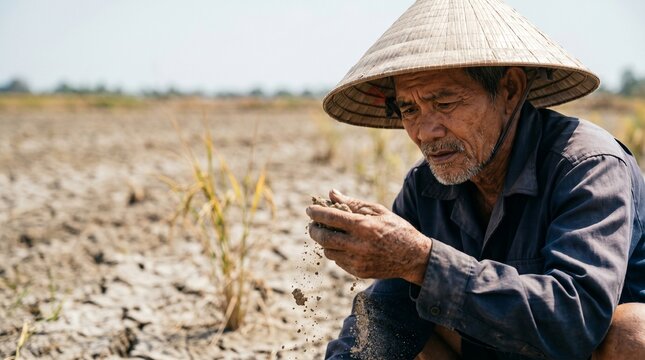 Asian farmer holding dry earth in cracked rice paddy field. Environmental impact of extreme heat and drought on agriculture. Global food security crisis caused by climate change.