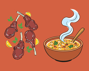 Colorful illustration of grilled lamb chops served with a hot bowl of chickpea and vegetable stew. © Irfan