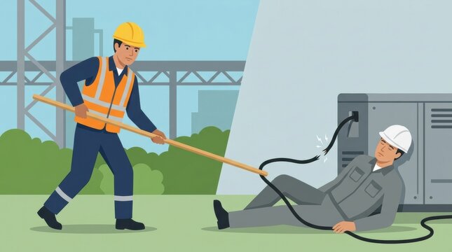 A worker in safety gear uses a pole to rescue a victim who is in contact with electrical equipment in a city location.