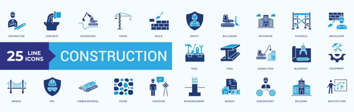 Construction Icon Set Illustration Vector Flat Blue Style with contractor, concrete, excavation, crane, build,