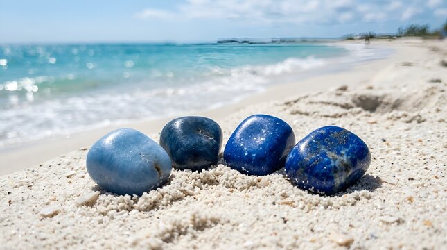 Polished blue lapis lazuli stones on sunny tropical beach.